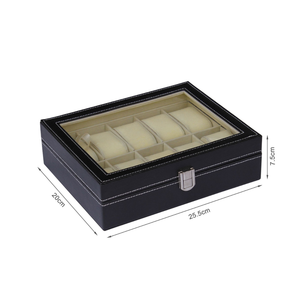 10 Slot Leather Watch Box – Premium Watch Organizer with Glass Lid