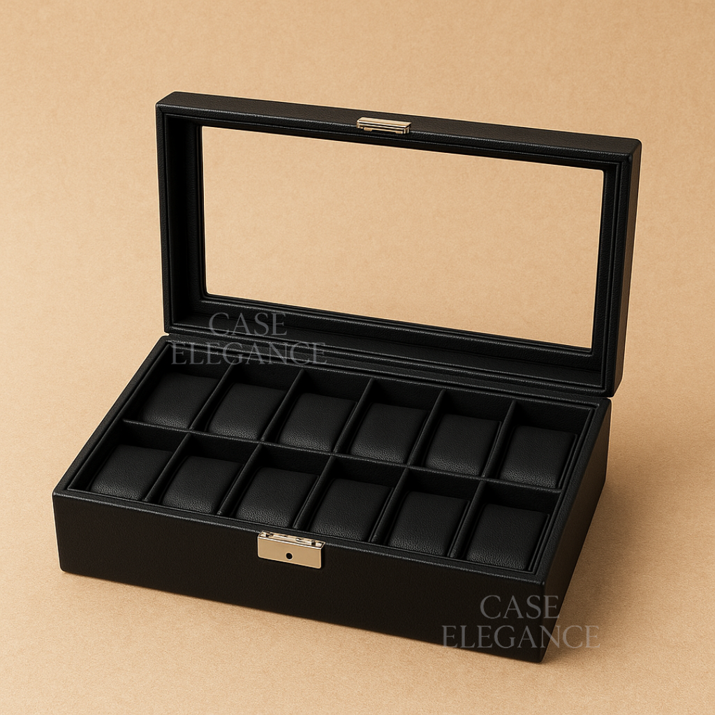 Premium Luxury Full Black Leather 12 Slot Watch Box