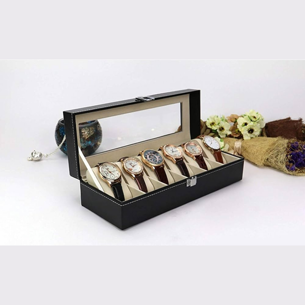 6 Slot Leather Watch Box – Premium Watch Organizer with Glass Lid
