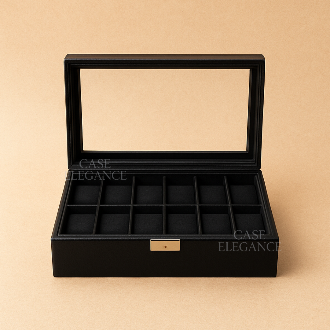 Premium Luxury Full Black Leather 12 Slot Watch Box
