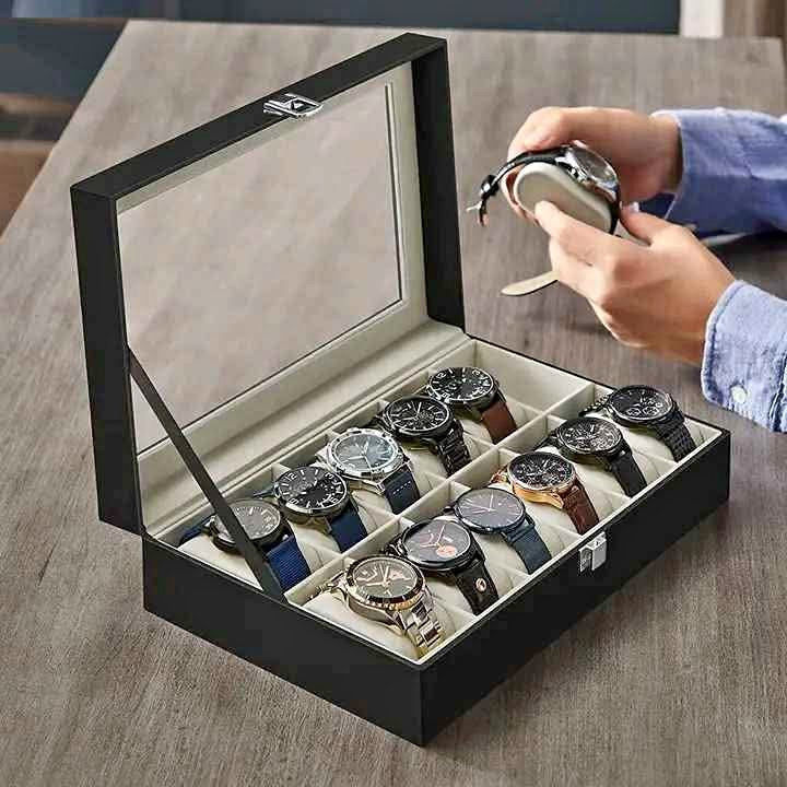 12 Slot Leather Watch Box – Premium Watch Organizer with Glass Lid