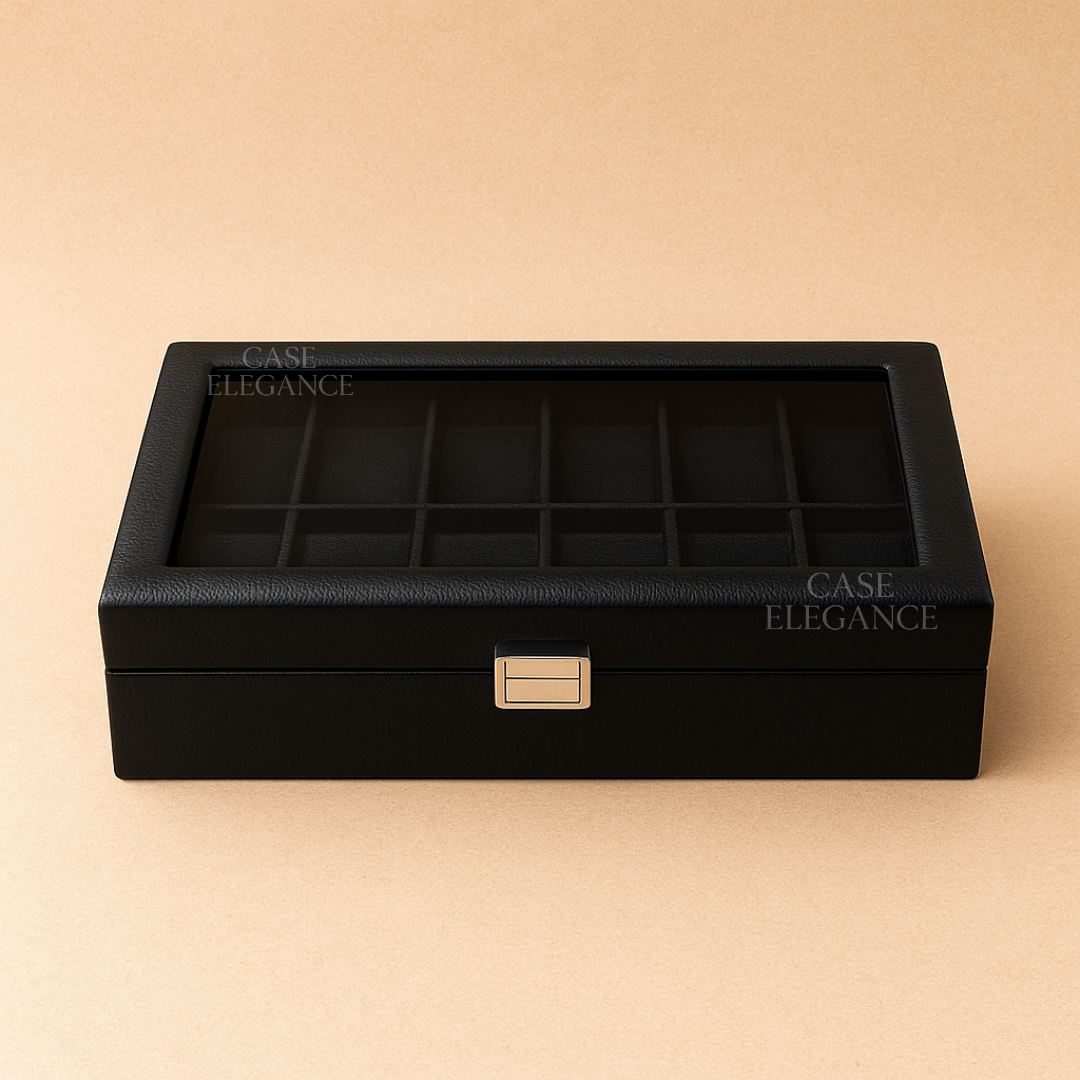 Premium Luxury Full Black Leather 12 Slot Watch Box