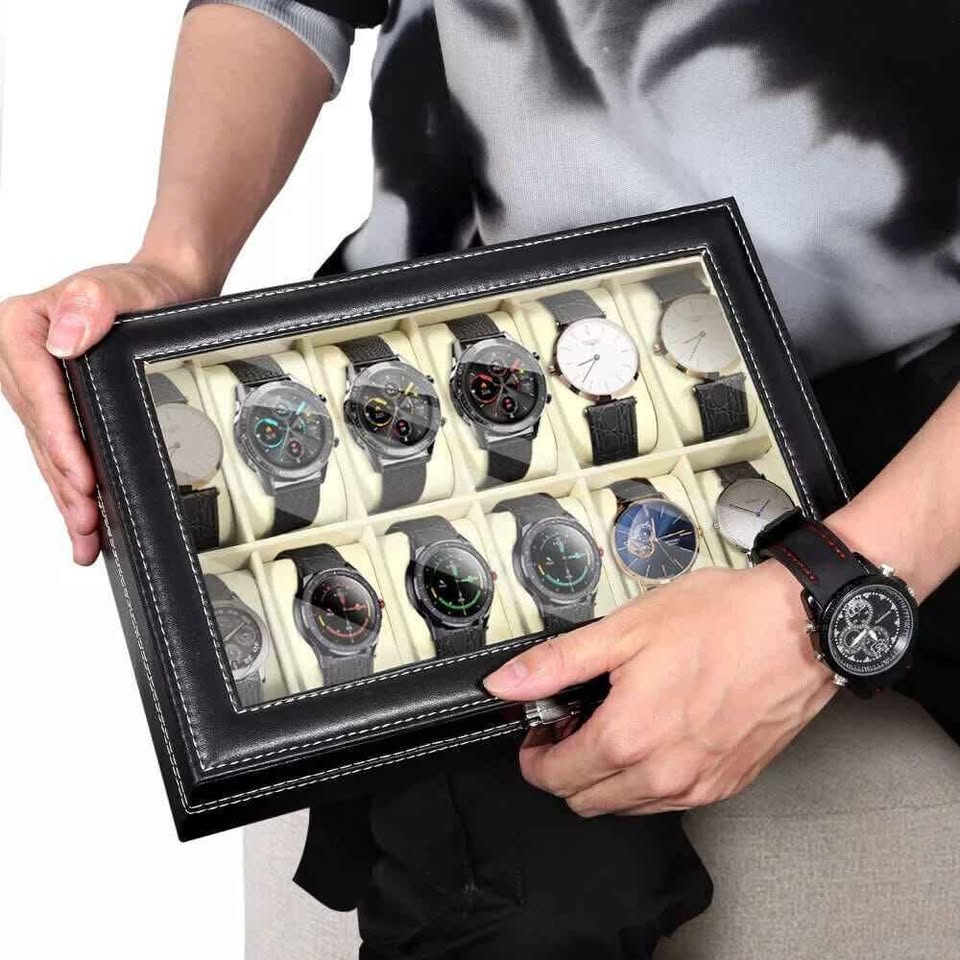 12 Slot Leather Watch Box – Premium Watch Organizer with Glass Lid