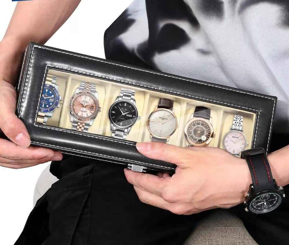 6 Slot Leather Watch Box – Premium Watch Organizer with Glass Lid