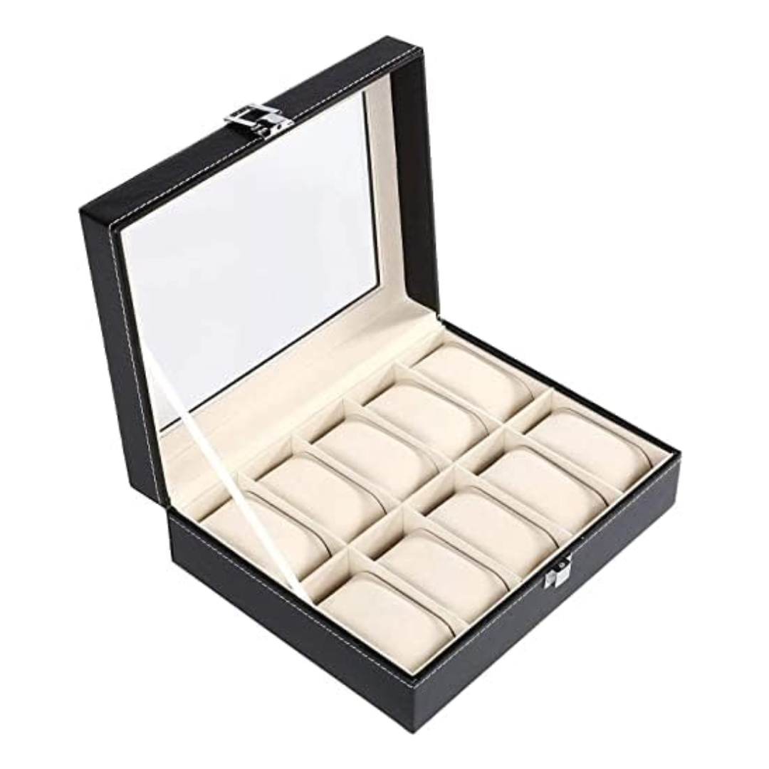 10 Slot Leather Watch Box – Premium Watch Organizer with Glass Lid