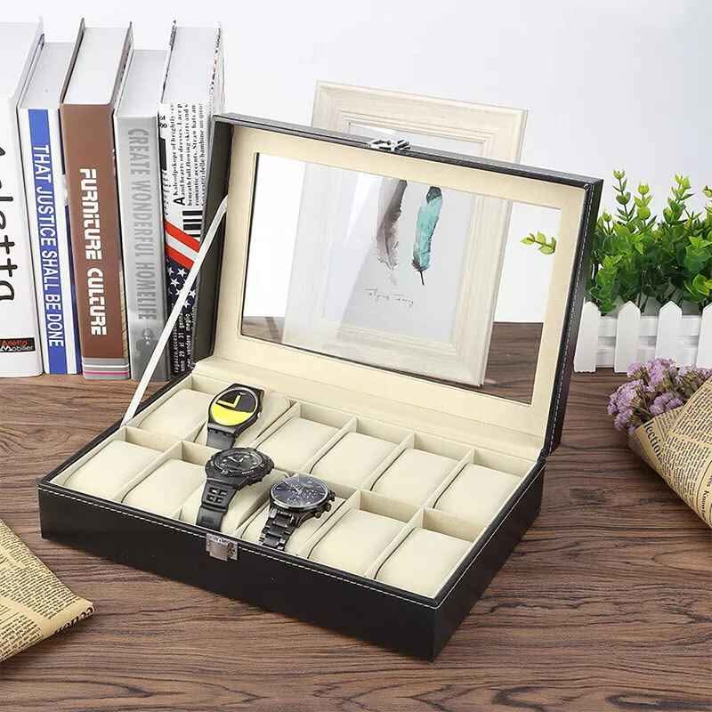 12 Slot Leather Watch Box – Premium Watch Organizer with Glass Lid
